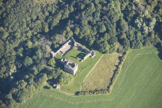 Oblique aerial view of Spynie Palace, looking NE.