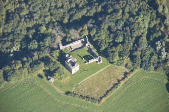Oblique aerial view of Spynie Palace, looking NNE.