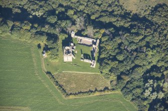 Oblique aerial view of Spynie Palace, looking NNW.