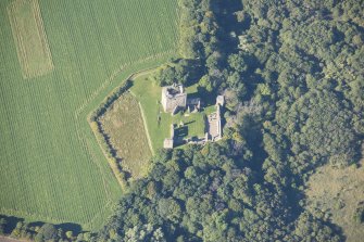 Oblique aerial view of Spynie Palace, looking WSW.