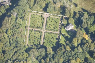 Oblique aerial view of Culloden House Walled Garden, looking NE.