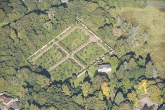 Oblique aerial view of Culloden House Walled Garden and Garden Mansion House, looking N.