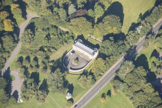 Oblique aerial view of Culloden House Stables, looking N.