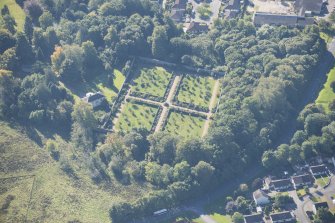 Oblique aerial view of Culloden House Walled Garden, looking SW.