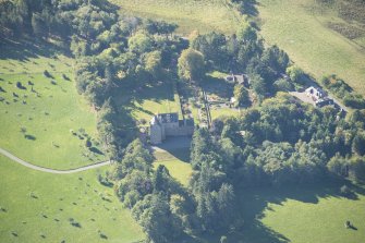 Oblique aerial view of Dalcross Castle, looking WSW.