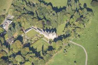 Oblique aerial view of Dalcross Castle, looking N.