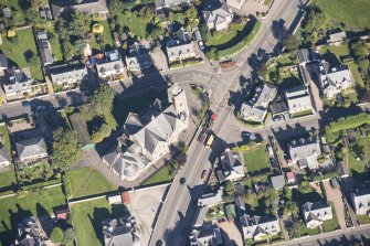 Oblique aerial view of Nairn Old Parish Church, looking NE.