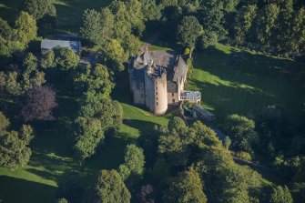 Oblique aerial view of Midmar Castle, looking N.