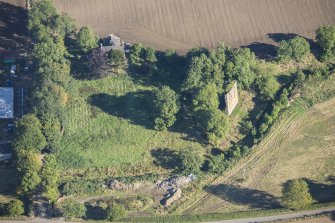 Oblique aerial view of Balquhain Castle, looking NE.