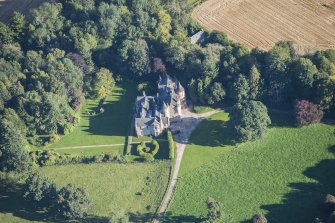 Oblique aerial view of Pitcaple Castle, looking NE.