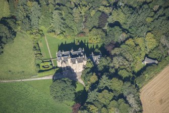 Oblique aerial view of Pitcaple Castle, looking NW.