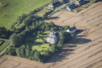 Oblique aerial view of Leslie Castle, looking SSW.