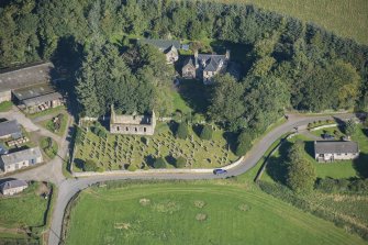 Oblique aerial view of Kirkton of Culsalmond Old Parish Church, looking NNW.