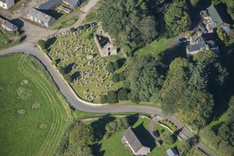 Oblique aerial view of Kirkton of Culsalmond Old Parish Church, looking WNW.