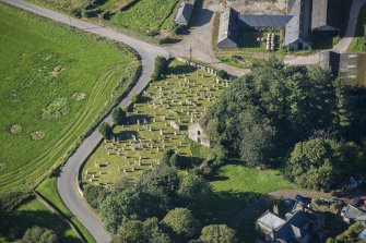 Oblique aerial view of Kirkton of Culsalmond Old Parish Church, looking WSW.