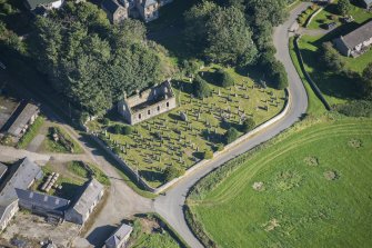 Oblique aerial view of Kirkton of Culsalmond Old Parish Church, looking NNE.