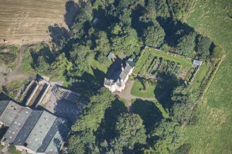 Oblique aerial view of Auchanachie Castle, looking N.