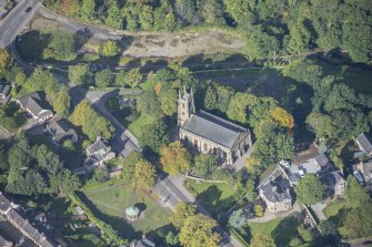 Oblique aerial view of St Rufus Church, looking W.