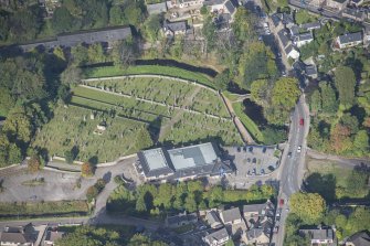 Oblique aerial view of Keith Cemetery, Old Parish Church and burial ground, looking NW.