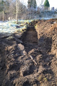 Trench 3 with feature [2] in foreground, trial trenching evaluation, Manse Road, Kingussie