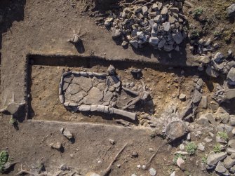 Post-excavation aerial photograph of the hearth by Ed Martin, south direction is up, Comar Wood Dun, Cannich, Strathglass