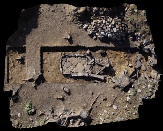 Aerial image of the hearth in Trench 1 and Trench 7 (left), south direction is up, Comar Wood Dun, Cannich, Strathglass