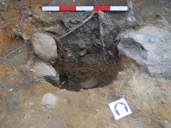 Mid-excavation image during section of posthole 155, Comar Wood Dun, Cannich, Strathglass