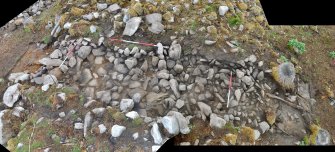 High-pole photo over the dun structure, showing the spread of material and west facing Trench 2 section, Comar Wood Dun, Cannich, Strathglass