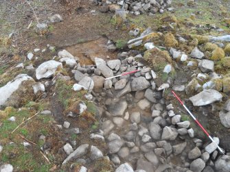 High-pole photo over the north end of Trench 2, showing what appears to be the best surviving section of the outer wall in the centre of the image, Comar Wood Dun, Cannich, Strathglass