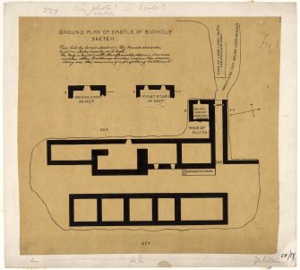 Drawing of ground plan of Bucholly Castle and first and second story of keep