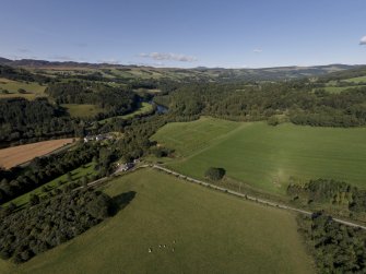 Oblique aerial view of the four poster stone circle at Lundin