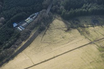 Oblique aerial view of Barns Viaduct and Stobs Camp Tramway, looking SSE.