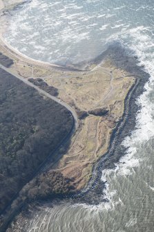 Oblique aerial view of Gosford Sands anti-tank defences, looking SW.