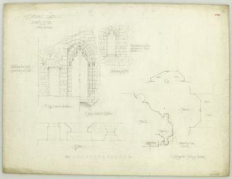 Drawing of plan, elevations and details of windows and doorways in hall, Bothwell Castle
