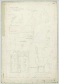 Drawing of section and details including turret, roof, windows, dormer and fireplaces, Gilbertfield Castle