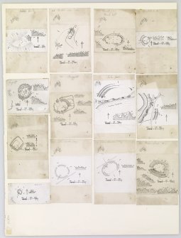 Publication drawings; 13 inked plans of sites (at a reduced scale), mounted on a single sheet. Includes Kirktonhill, Overhowden, Kelphope Burn, Longcroft, Knock Hill, Preston Cleugh, Ladykirk, Milne Garden, Ninewells, Oatlee Hill and Marygold Plantation (2).