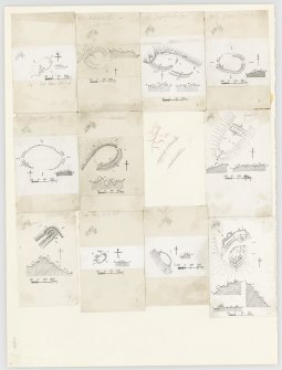 Publication drawings; ten inked plans of forts (at a reduced scale), mounted on a single sheet. Includes Heugh, Grizzlefield (East and West Rings), Hillhouse, Harelaw, Flass, Hardacres, Harly Darlies, Fosterland Burn, and Chester Hill.