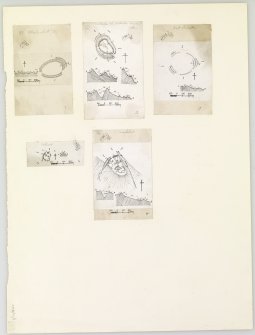 Publication drawings; plans and ditch sections of five sites in Berwickshire; West Morriston fort; West Addinston Hill fort and settlement; Wrunklaw farmstead and promontory fort; Westerside settlement; Warlawbank fort. 

