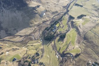 Oblique aerial view of Dalmunzie Hotel and golf course in Glen Shee, looking E.