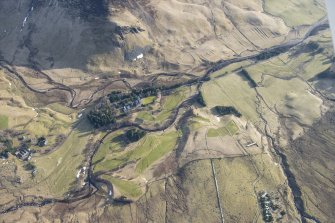 Oblique aerial view of Dalmunzie Hotel and golf course in Glen Shee, looking NE.