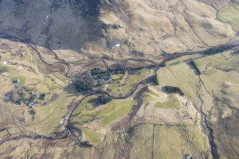 Oblique aerial view of Dalmunzie Hotel and golf course in Glen Shee, looking NE.