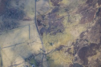 Oblique aerial view of the hut circles at Tomlia and Westertown in Glen Shee, looking N.