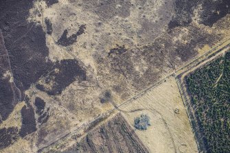 Oblique aerial view of the Grey Cairn, hut circles and cairnfield at Balnabroich, Strathardle, looking NE.