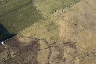 Oblique aerial view of the Ashintully township and Cnoc an Dainmh hut circles, looking WSW.