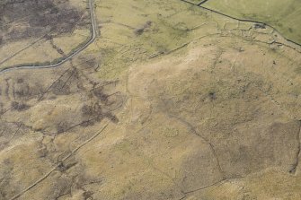 Oblique aerial view of the Ashintully township and Cnoc an Dainmh hut circles, looking S.
