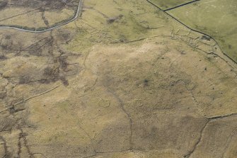Oblique aerial view of the Ashintully township and Cnoc an Dainmh hut circles, looking SSE.