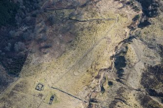 Oblique aerial view of the Loch Charles hut circles, looking E.