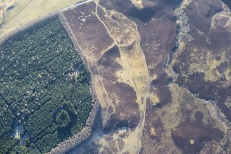 Oblique aerial view of Pitcarmick buildings, hut circles and a ring cairn at Lair, Glen Shee, looking ESE.