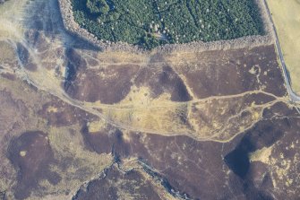 Oblique aerial view of Pitcarmick buildings, hut circles and a ring cairn at Lair, Glen Shee, looking NNE.