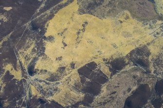 Oblique aerial view of a the depopulated township of Corra-Lairig and cultivation remains, Glen Shee, looking SSE.